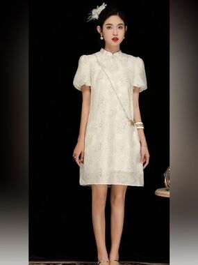 Korean Bow Jacquard Qipao Midi Dress